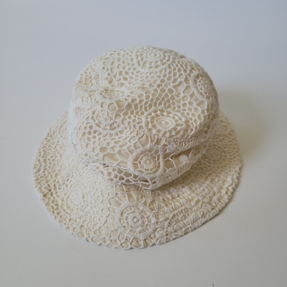 World Market Crochet Lace Bucket Hat Cream Cotton Canvas Boho Coastal Vintage